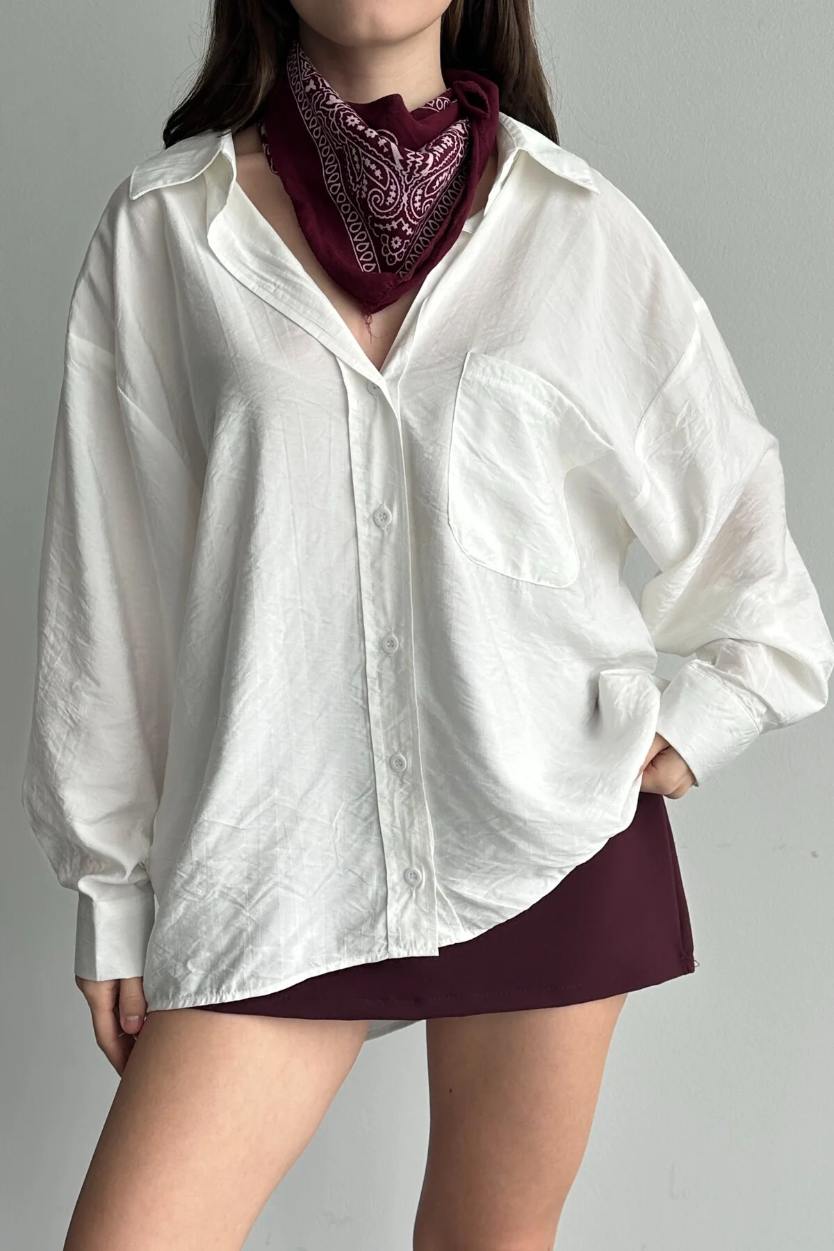 Kadın Oversize Kahverengi Gömlek Uzun Kollu Basic Günlük - Modal 
