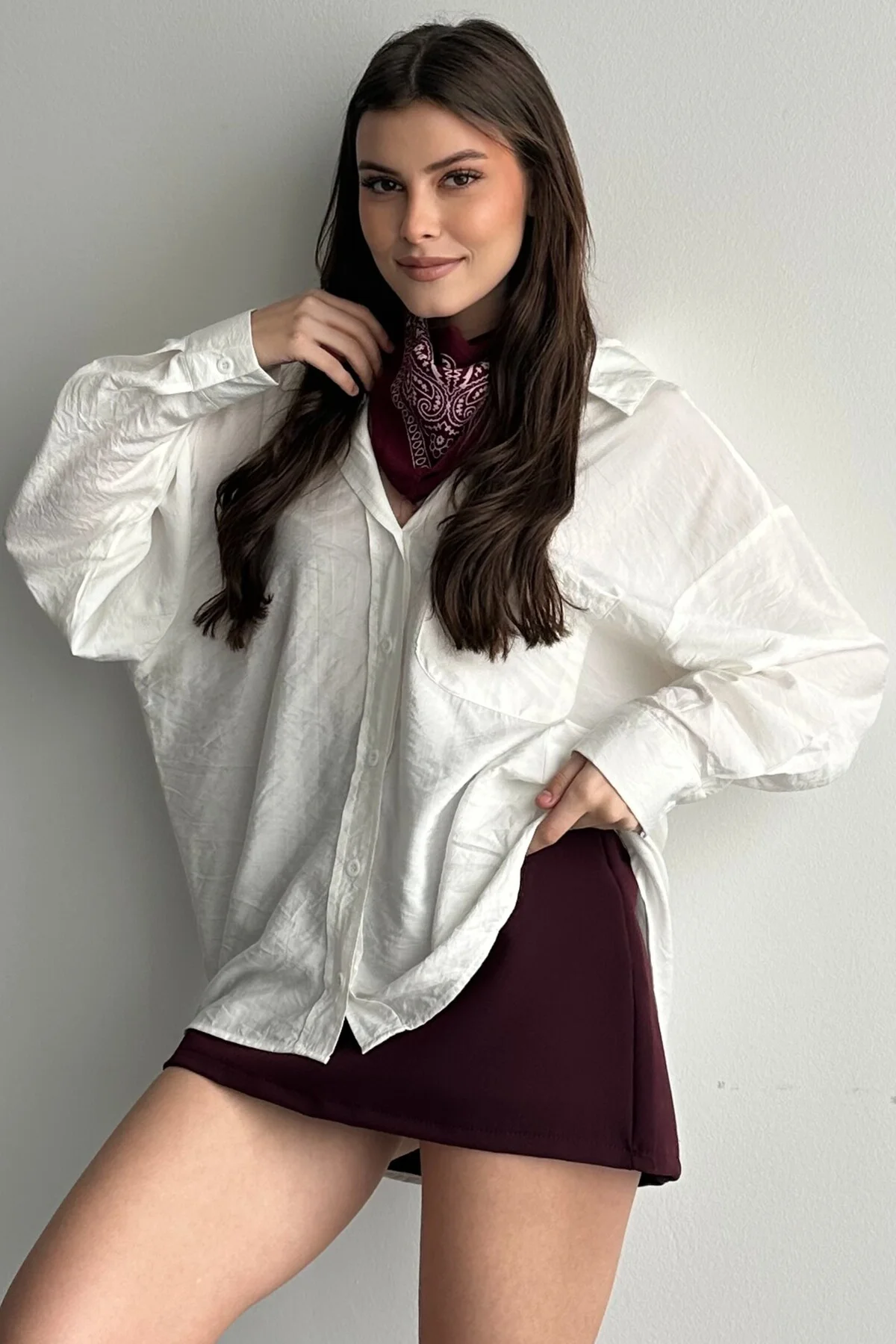 Kadın Oversize Kahverengi Gömlek Uzun Kollu Basic Günlük - Modal 