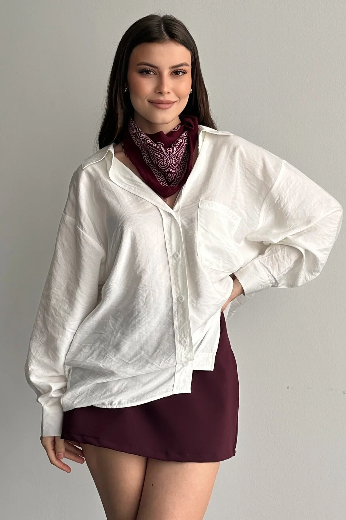 Kadın Oversize Kahverengi Gömlek Uzun Kollu Basic Günlük - Modal 
