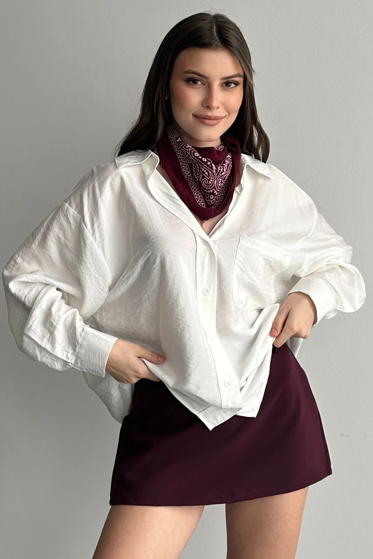 Kadın Oversize Kahverengi Gömlek Uzun Kollu Basic Günlük - Modal 