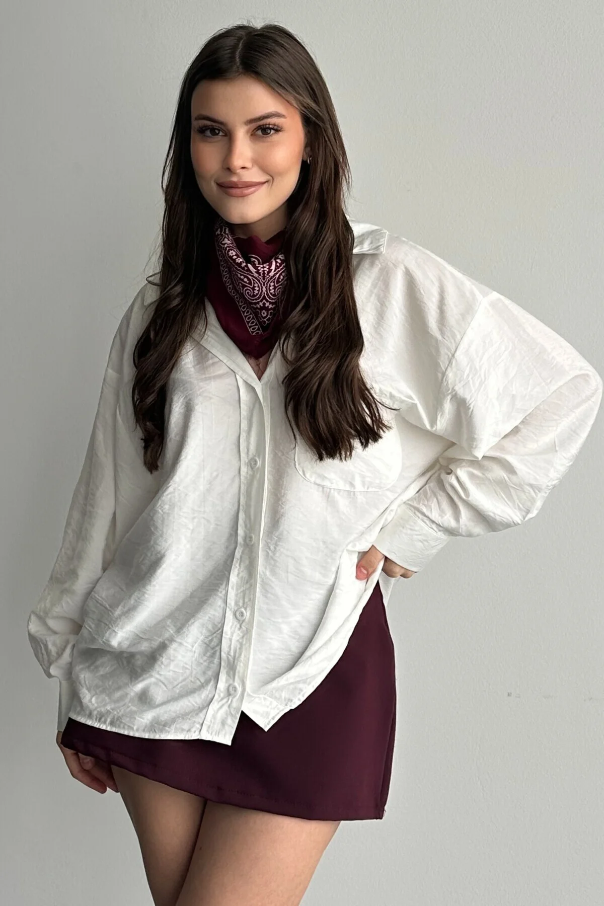 Kadın Oversize Kahverengi Gömlek Uzun Kollu Basic Günlük - Modal 
