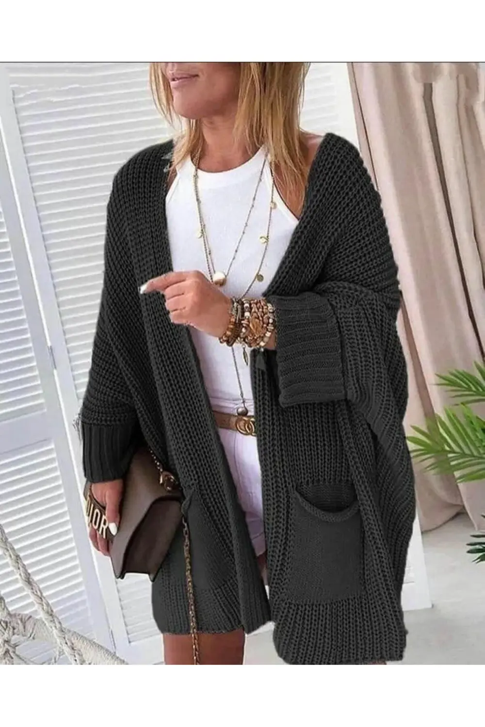 Kadın Oversize Kalıp Cep Detay Salaş Triko Hırka