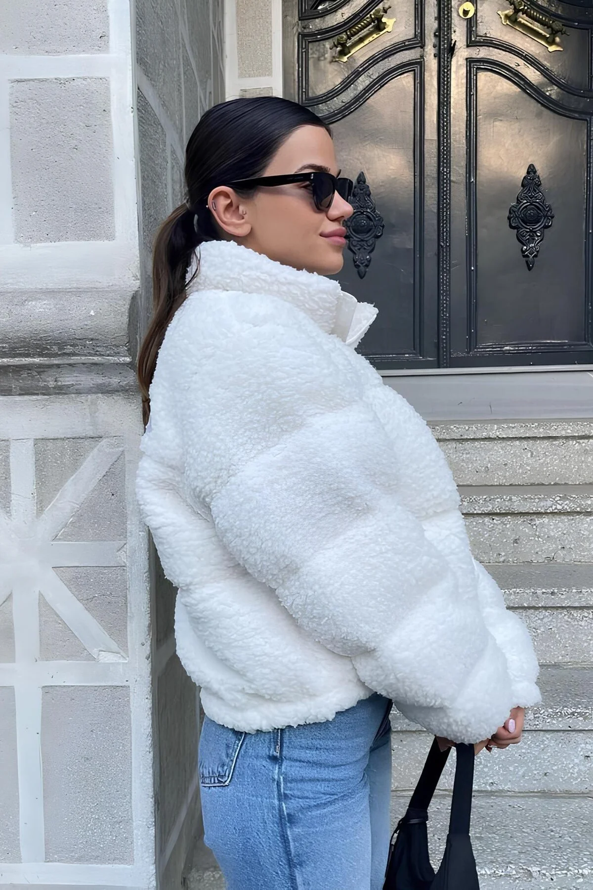 Kadın Oversize Peluş Kürk Mont Ekru - Teddy Şişme Sherpa Kaban