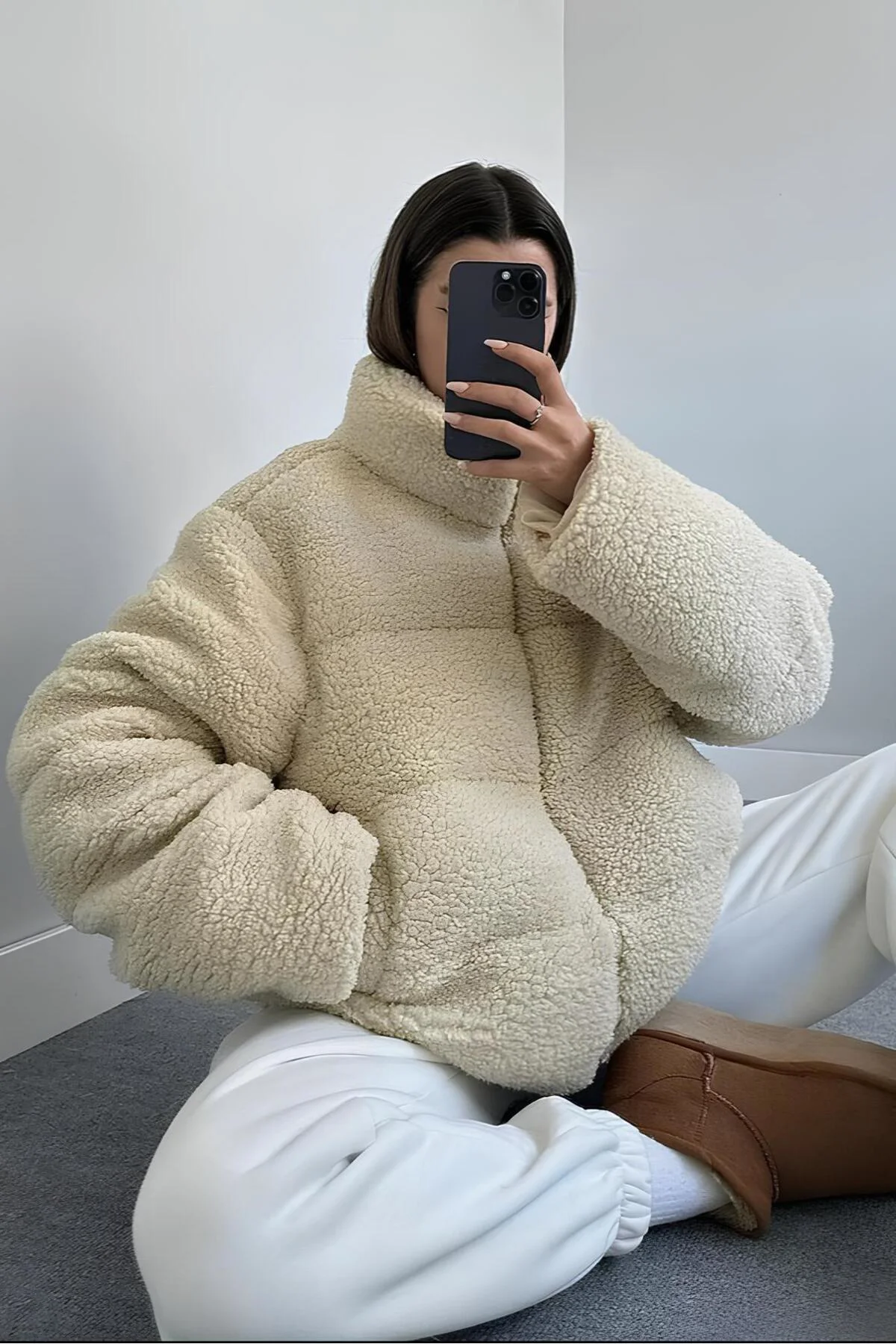 Kadın Oversize Peluş Kadın Mont – Teddy Polar Bej Şişme Mont - Kı