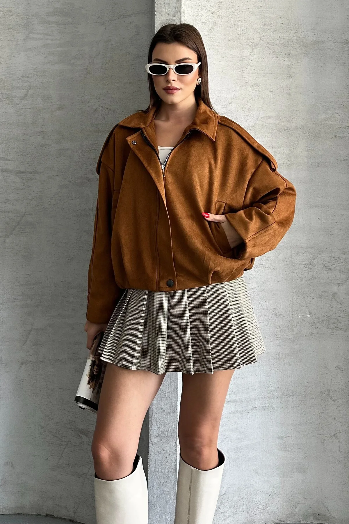 Kadın Oversize Süet Bomber Ceket - Yeni Sezon Deri Trend Ceket
