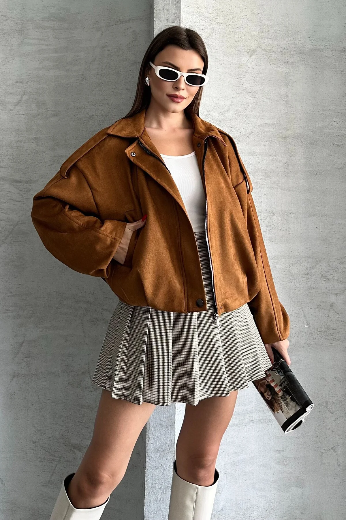 Kadın Oversize Süet Bomber Ceket - Yeni Sezon Deri Trend Ceket