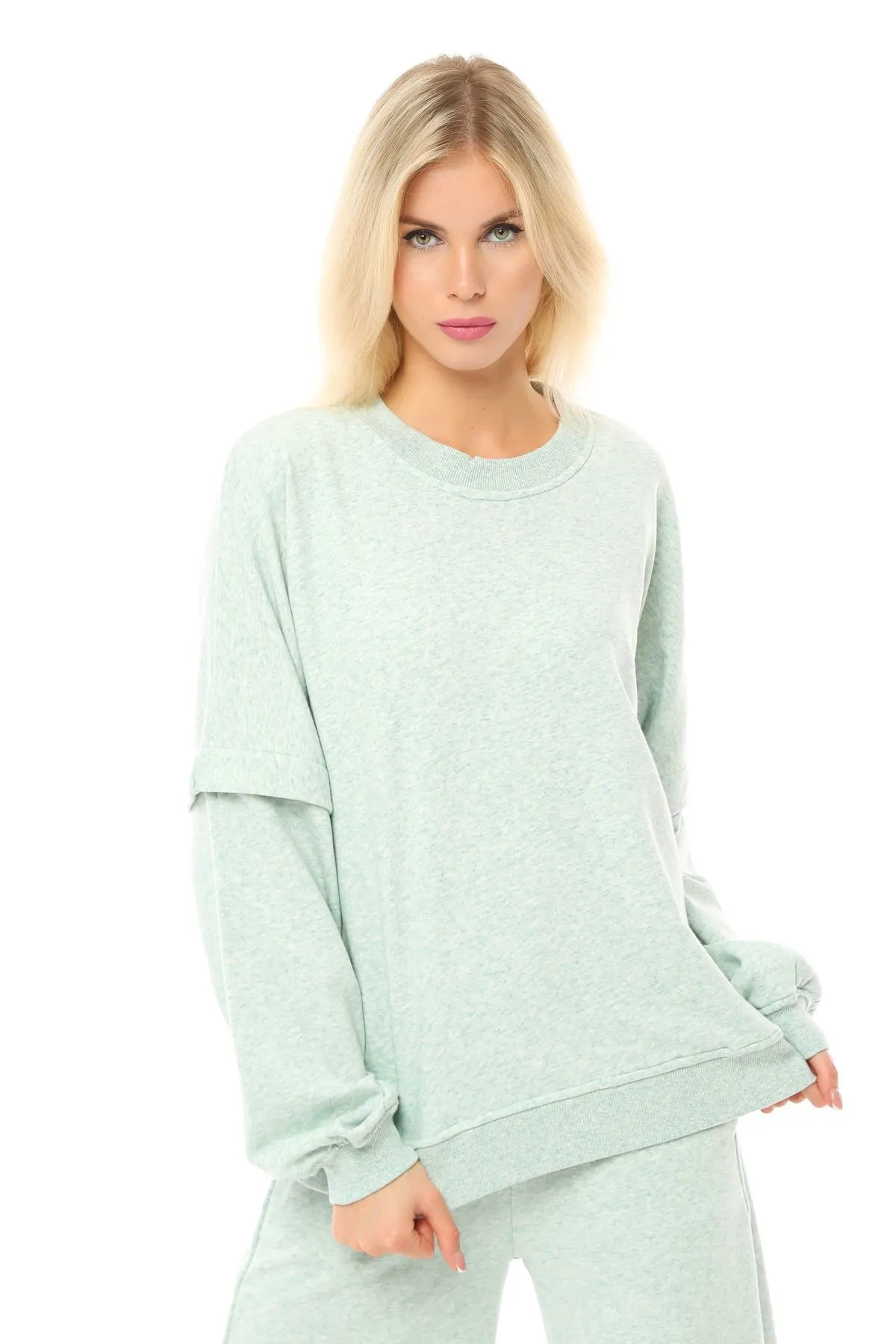 Defys Kadin Bisiklet Yaka Kol Detayli Oversize Fit Basic Sweatshirt Su