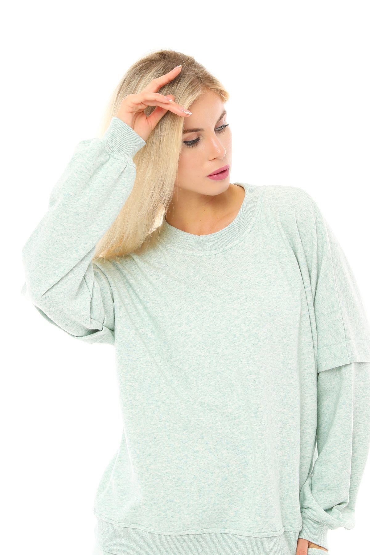 Defys Kadin Bisiklet Yaka Kol Detayli Oversize Fit Basic Sweatshirt Su