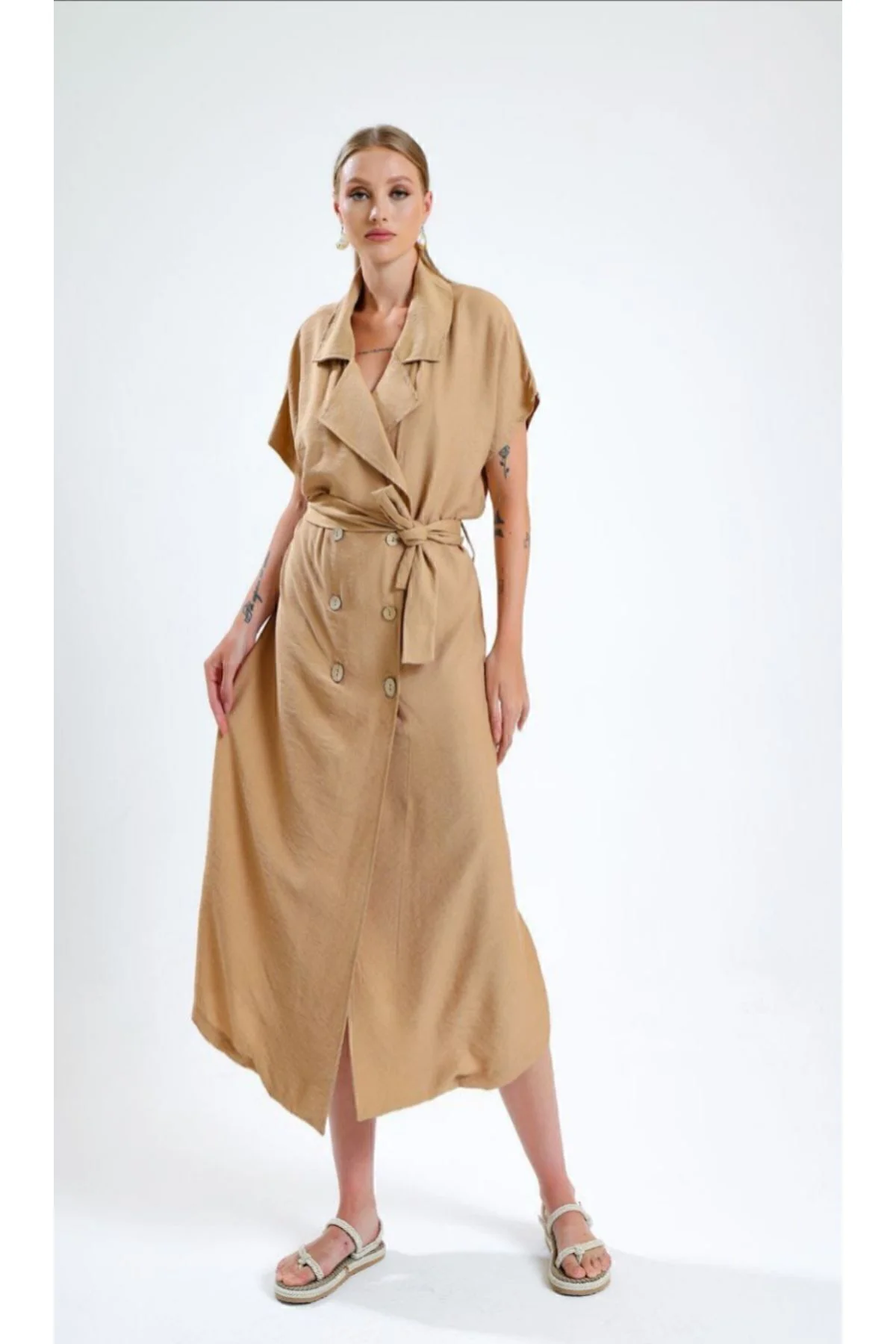 Kadın Oversize Yeni Camel Bej Ceket Yaka Rahat Uzun Kısa Kollu Ke