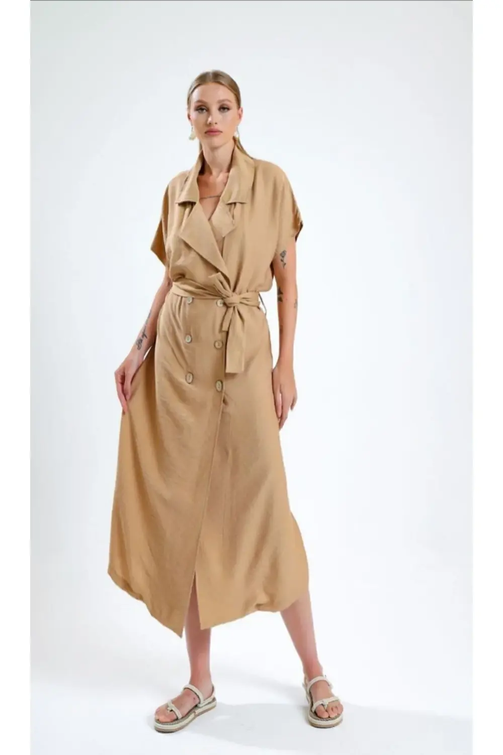 Kadın Oversize Yeni Camel Bej Ceket Yaka Rahat Uzun Kısa Kollu Ke