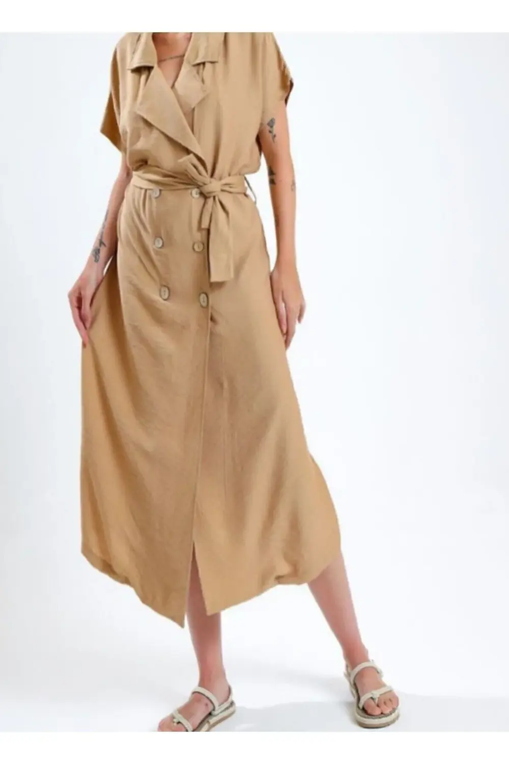 Kadın Oversize Yeni Camel Bej Ceket Yaka Rahat Uzun Kısa Kollu Ke