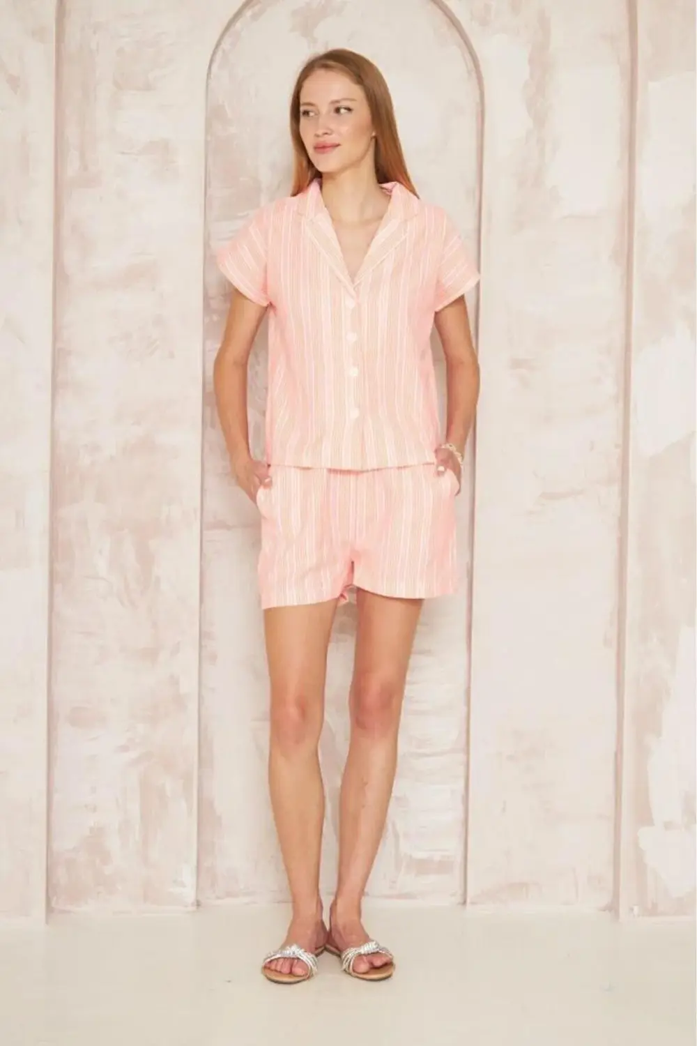 Kadın Özel Kumaş Ceket Yaka Beli Lastikli Kısa Kol Gömlek Cepli Ş