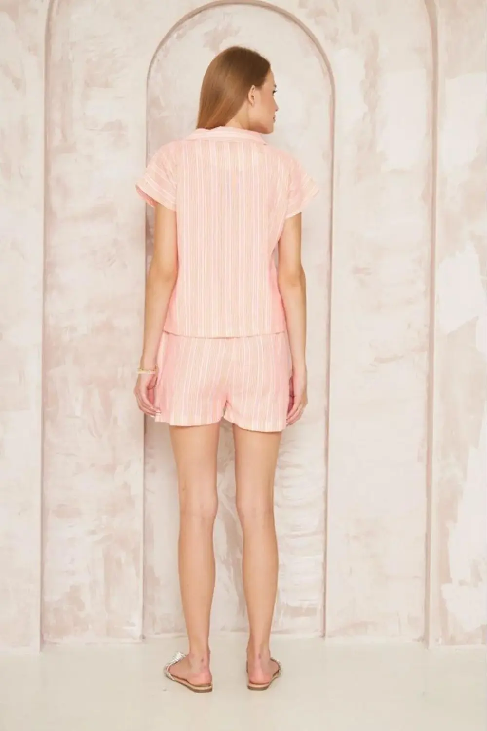 Kadın Özel Kumaş Ceket Yaka Beli Lastikli Kısa Kol Gömlek Cepli Ş