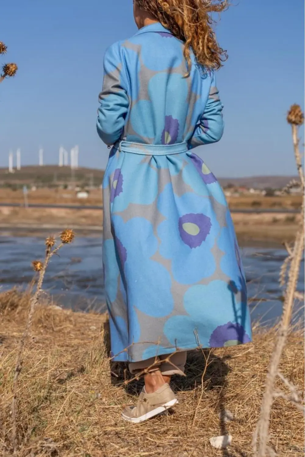 Kadın Özel Tasarım, Mavi Astarlı Kemerli Bol Kalıp, Digital Baskı