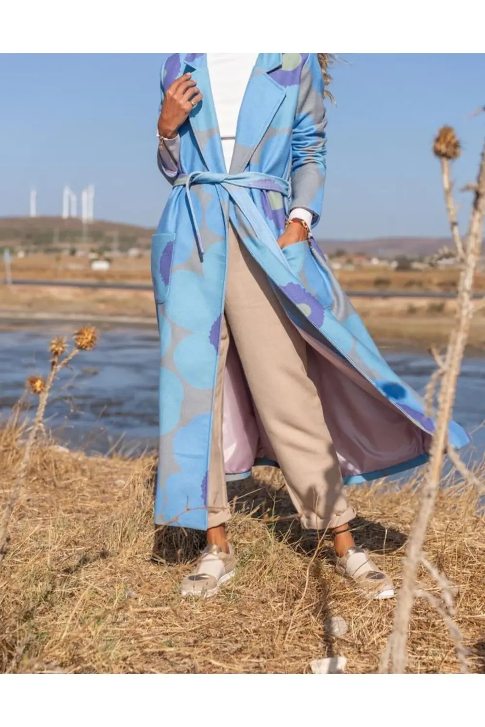 Kadın Özel Tasarım, Mavi Astarlı Kemerli Bol Kalıp, Digital Baskı