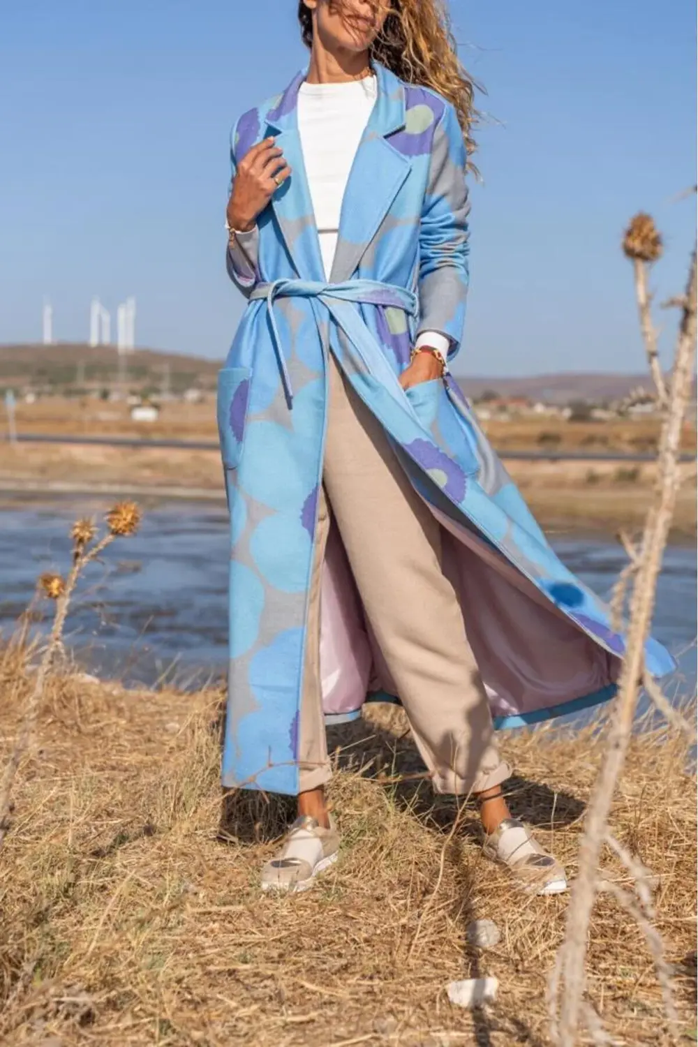 Kadın Özel Tasarım, Mavi Astarlı Kemerli Bol Kalıp, Digital Baskı