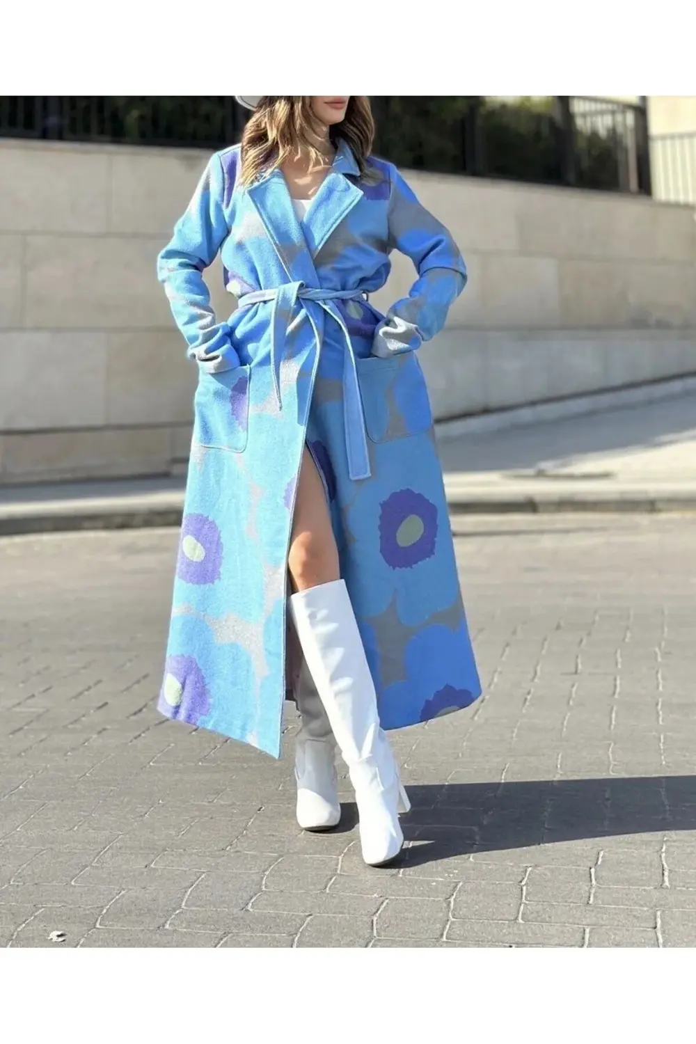 Kadın Özel Tasarım, Mavi Astarlı Kemerli Bol Kalıp, Digital Baskı