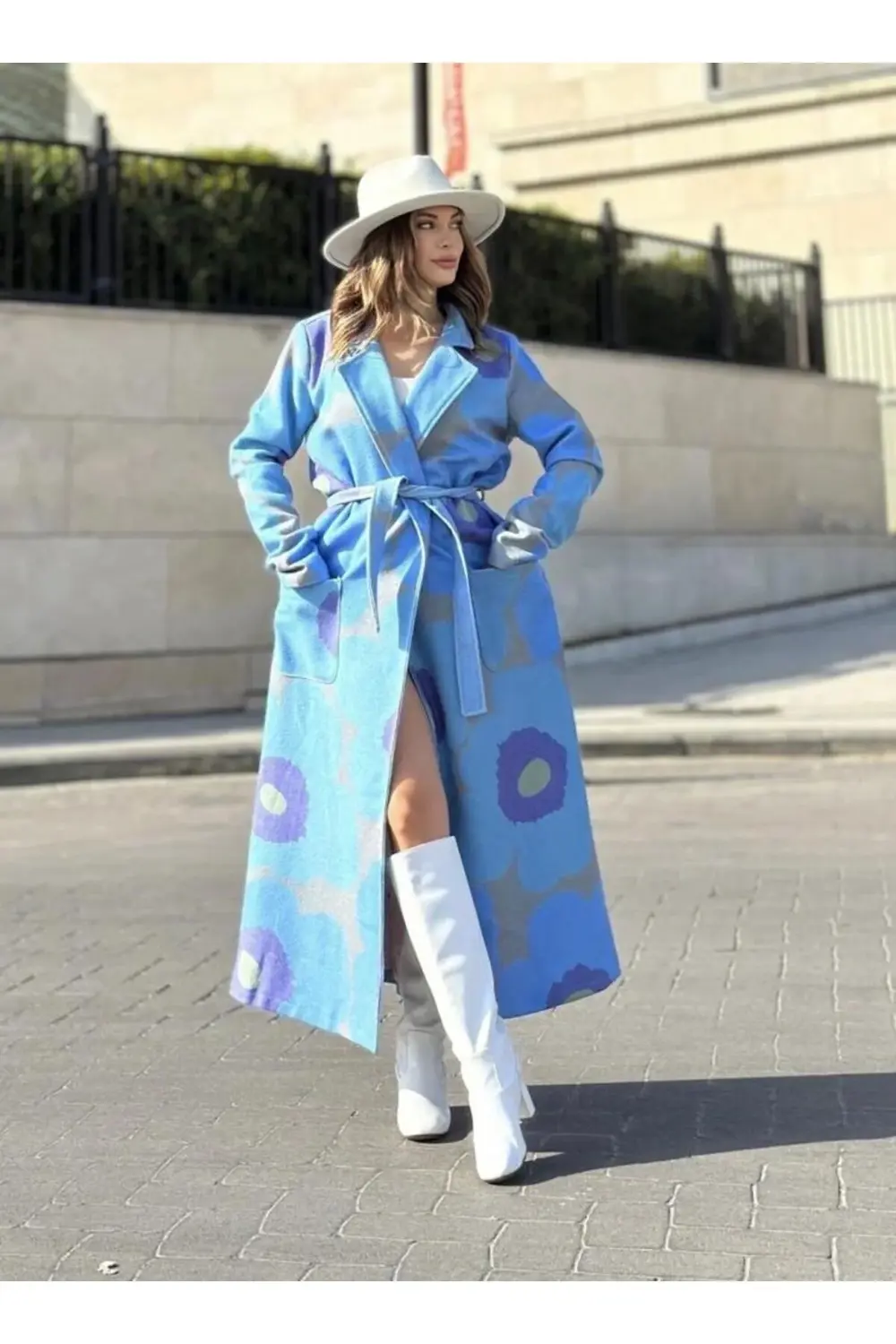 Kadın Özel Tasarım, Mavi Astarlı Kemerli Bol Kalıp, Digital Baskı