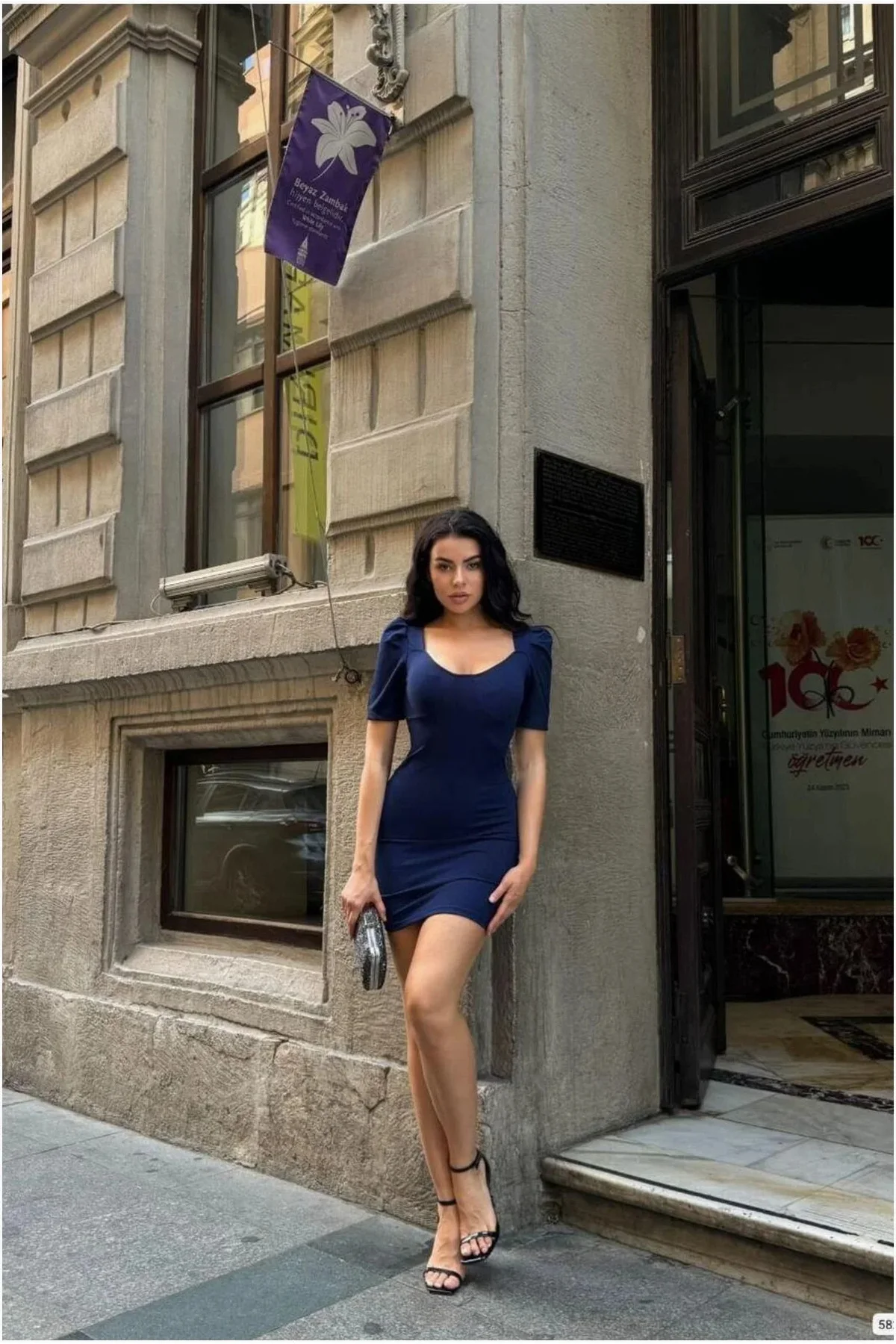 Kadın Özgün Tasarım Kare Yaka Mini Balon Kollu Elbise