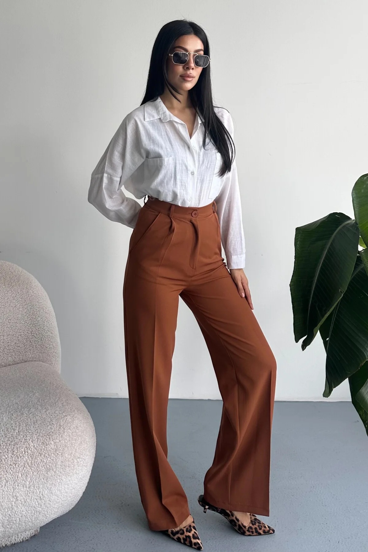 Kadın Palazzo Pantolon Oversize Orjinal Kesim - Yüksek Bel Geniş 