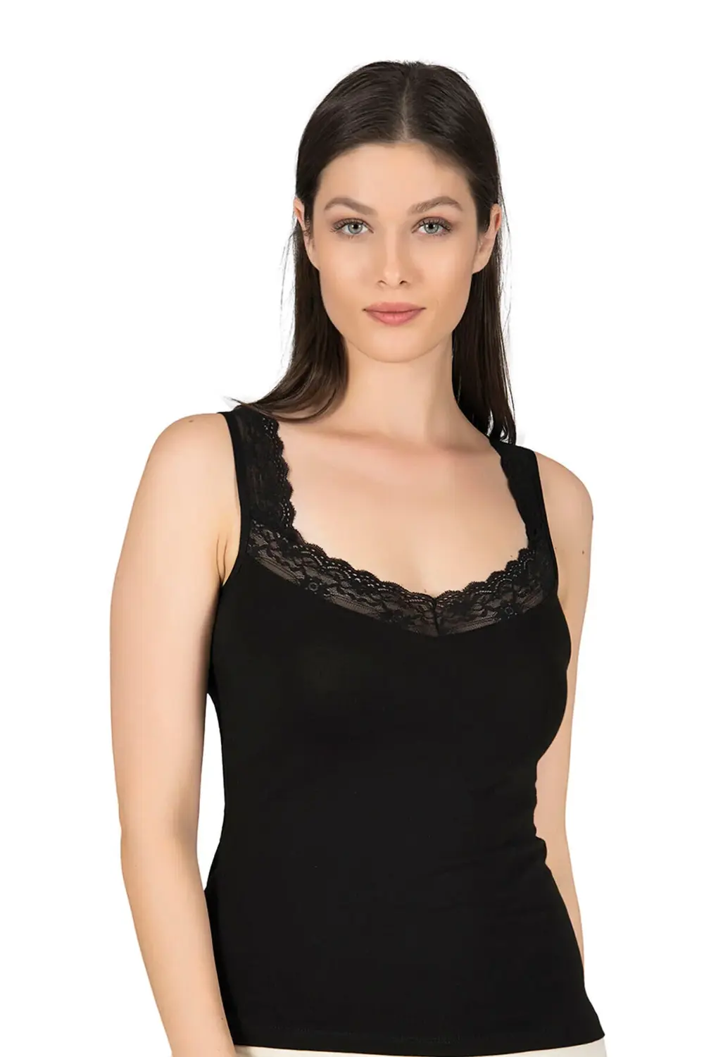 Kadın Pamuklu Dantel Yakalı Atlet