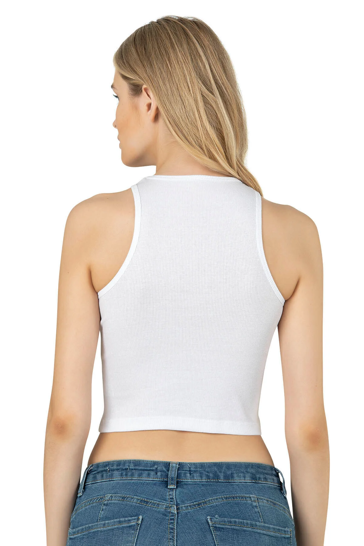 Kadın Pamuklu Fitilli Vücuda Oturan Halter Yaka Esnek Örme Crop A