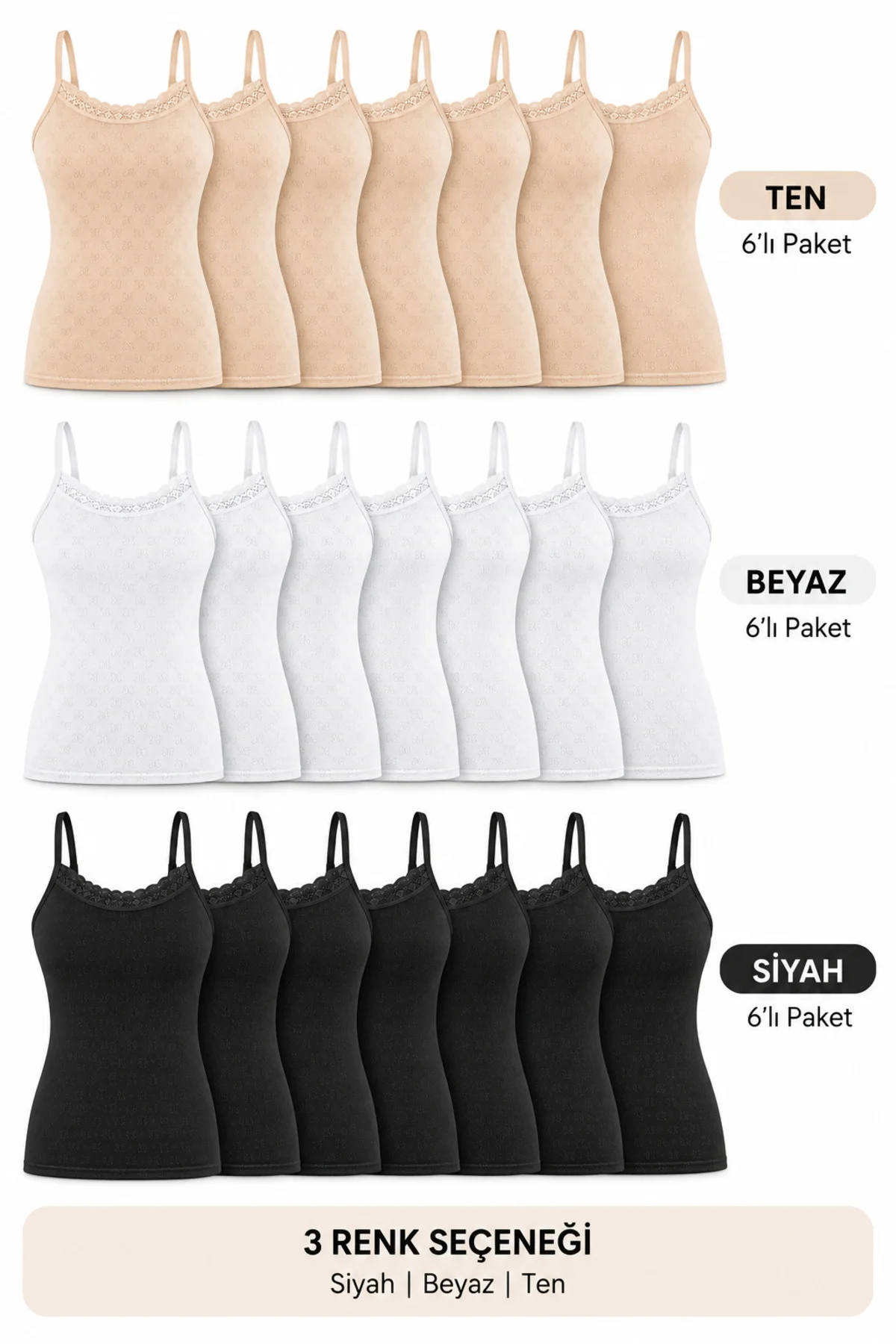 Kadın Pamuklu İp Askılı Dantelli Atlet 6’lı Paket %100 Pamuk Siyah Beyaz Ten M-L-XL-2XL Kadın Pamuklu İp Askılı Dantelli Atlet 6’lı Paket %100 Pamuk Siyah Beyaz Ten M-L-XL-2XL