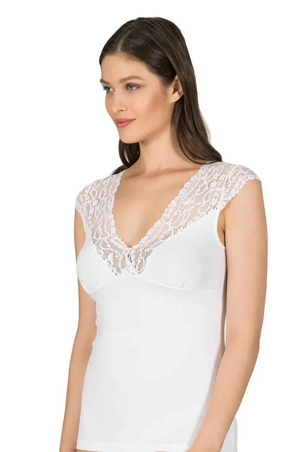 Kadın Pamuklu Kısa Kollu Dantelli Örme Atlet