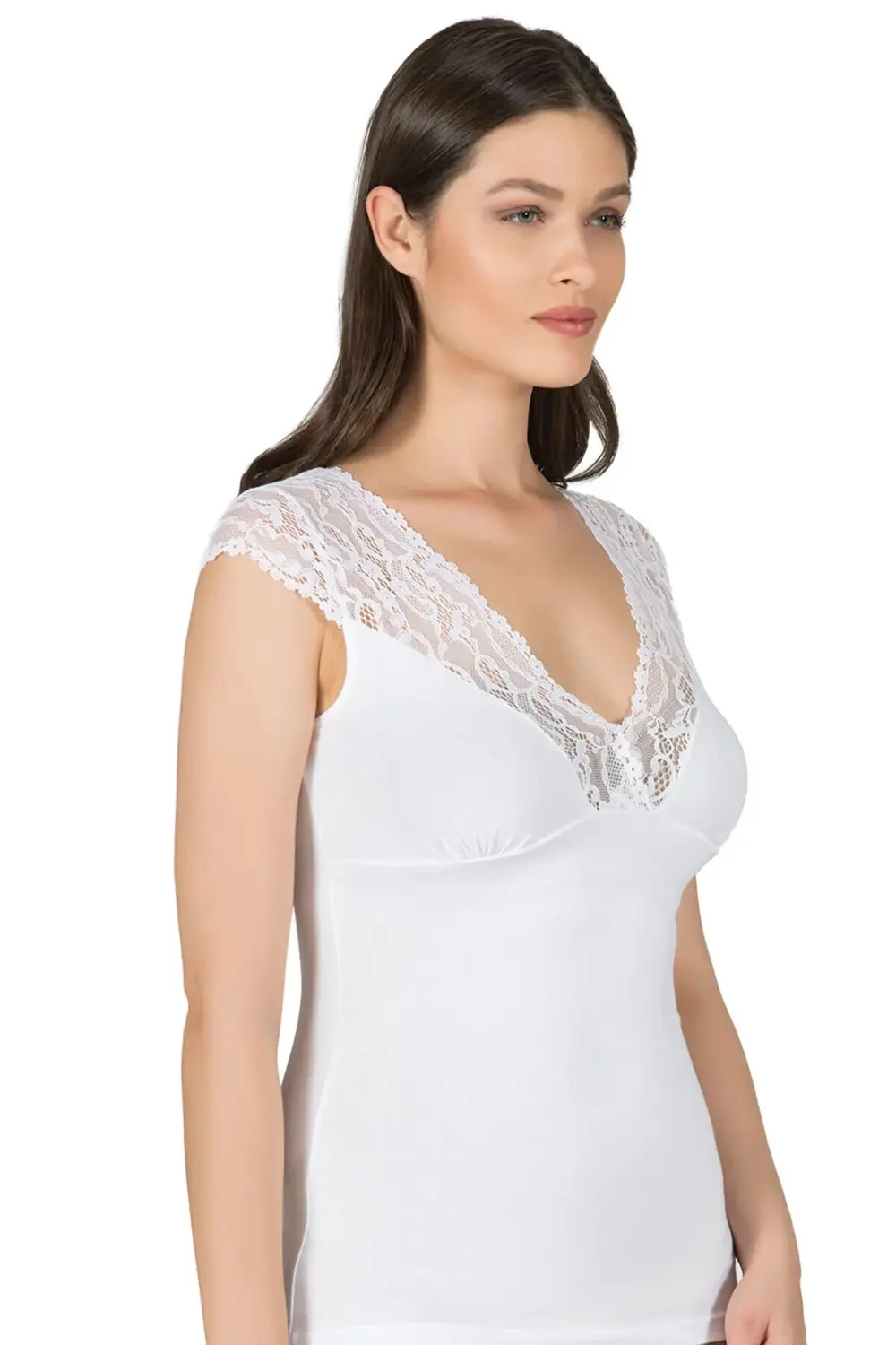 Kadın Pamuklu Kısa Kollu Dantelli Örme Atlet