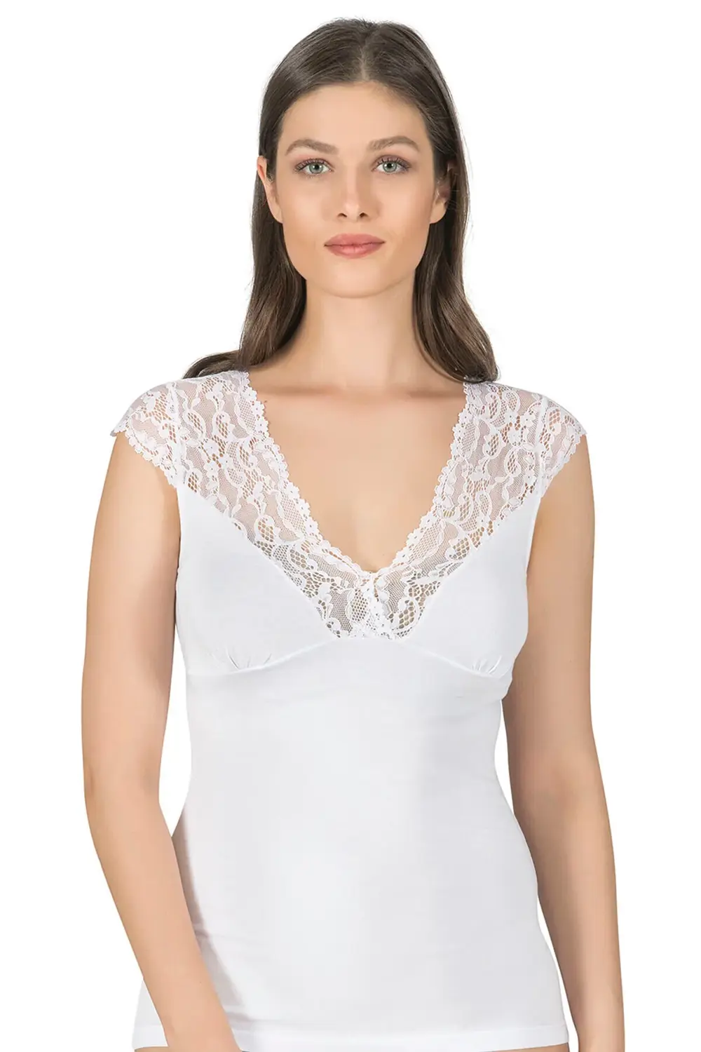 Kadın Pamuklu Kısa Kollu Dantelli Örme Atlet