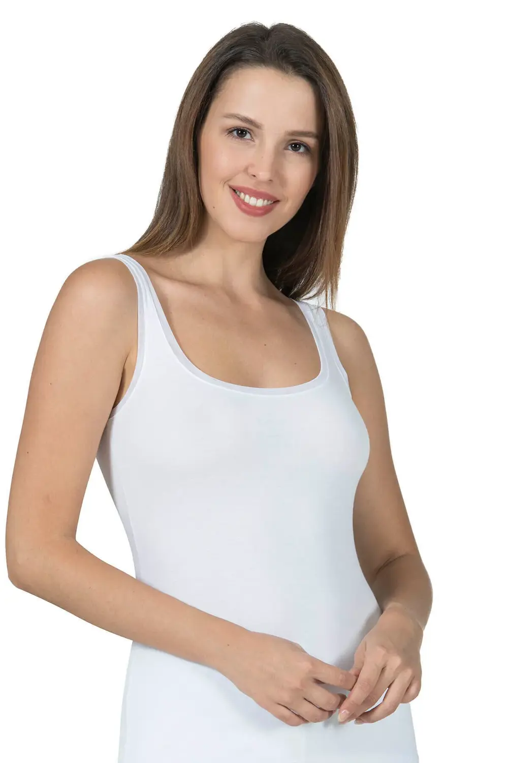 Kadın Pamuklu Modal Tül Biyeli Kalın Askılı Atlet Beyaz | Kompeda