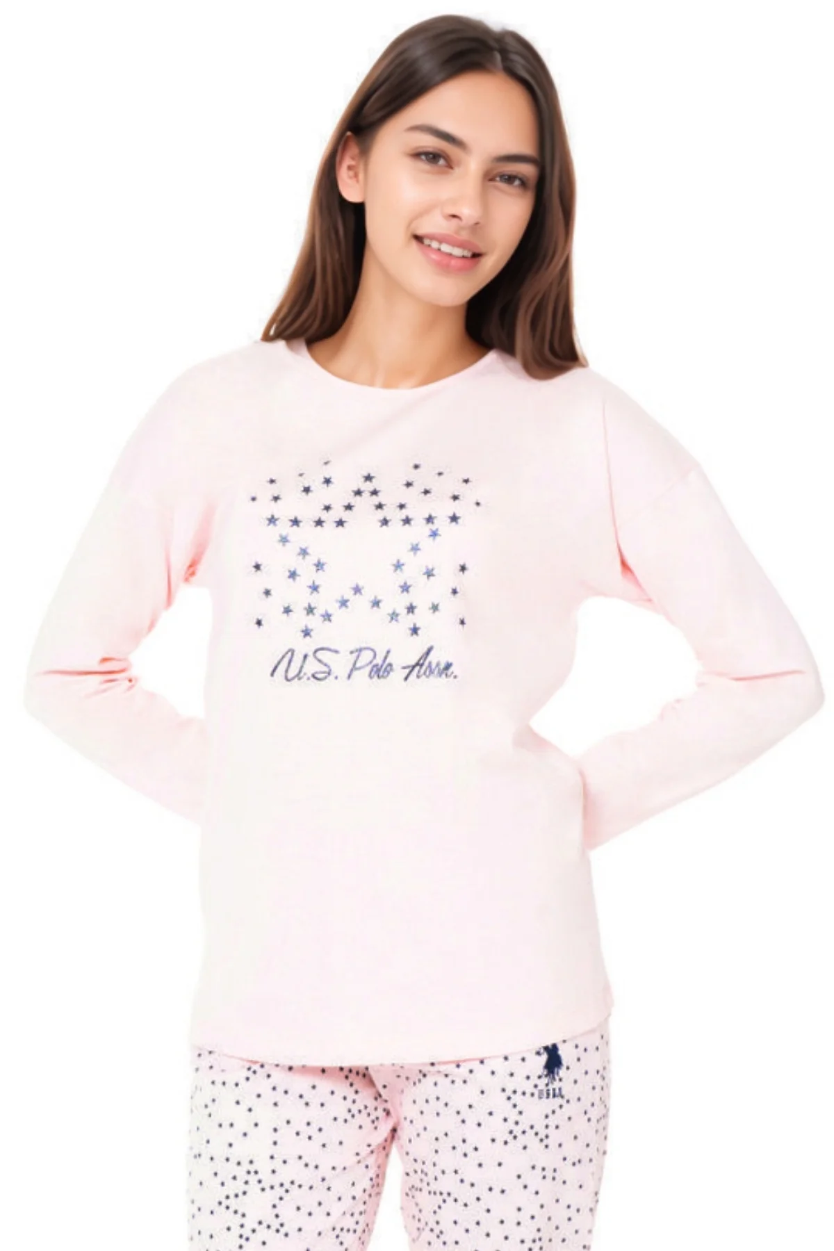 Kadın Pamuklu Somon Renk Yıldız Desenli Pijama Takımı