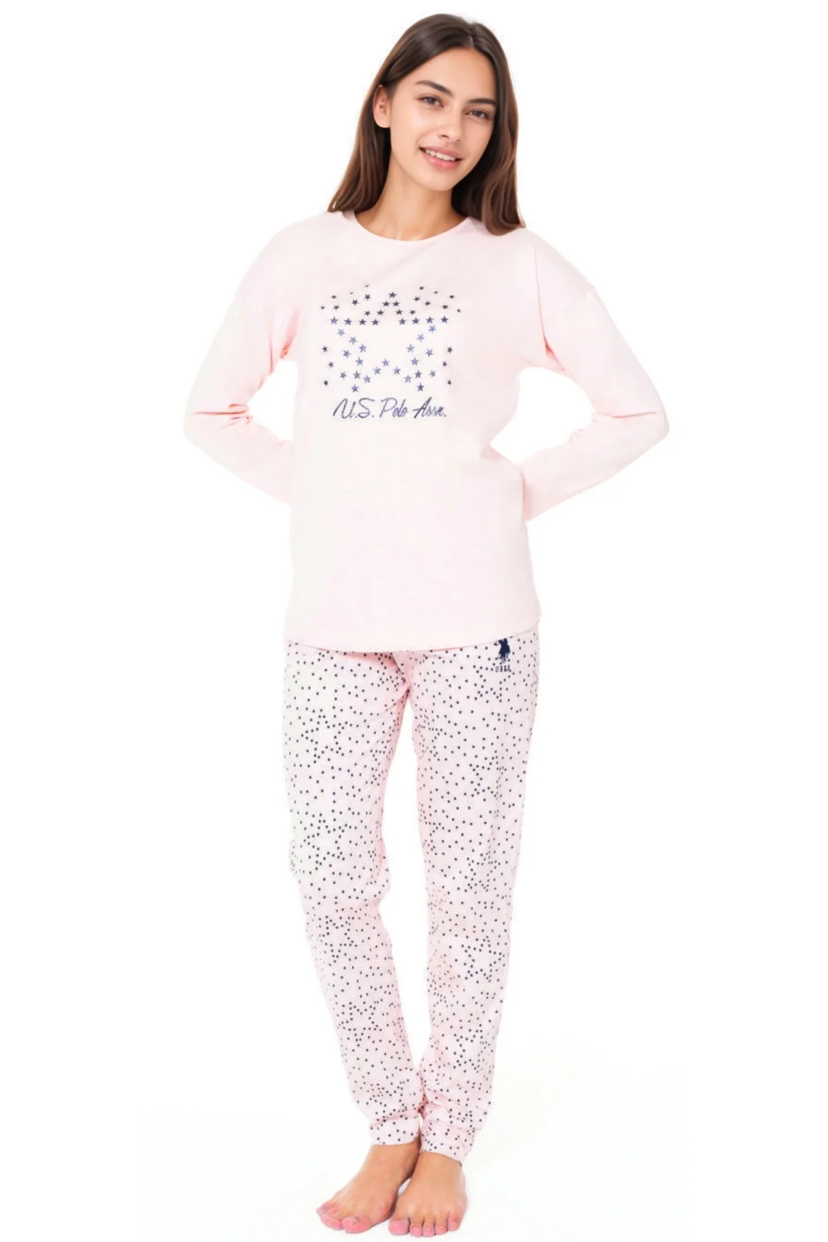 Kadın Pamuklu Somon Renk Yıldız Desenli Pijama Takımı