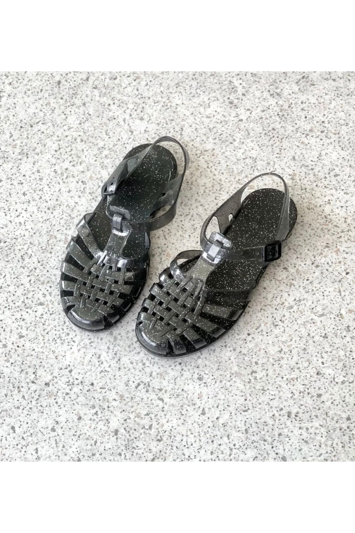 Mcasering Kadın Parlak Şeffaf Siyah Gümüş Simli Jelly Sandalet