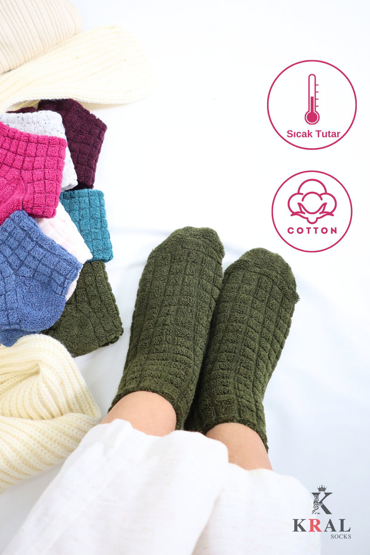 Kral Socks Kadın Patik Kabartma Kışlık Ters Havlu 6 Çift Karma Renk Kısa Çor