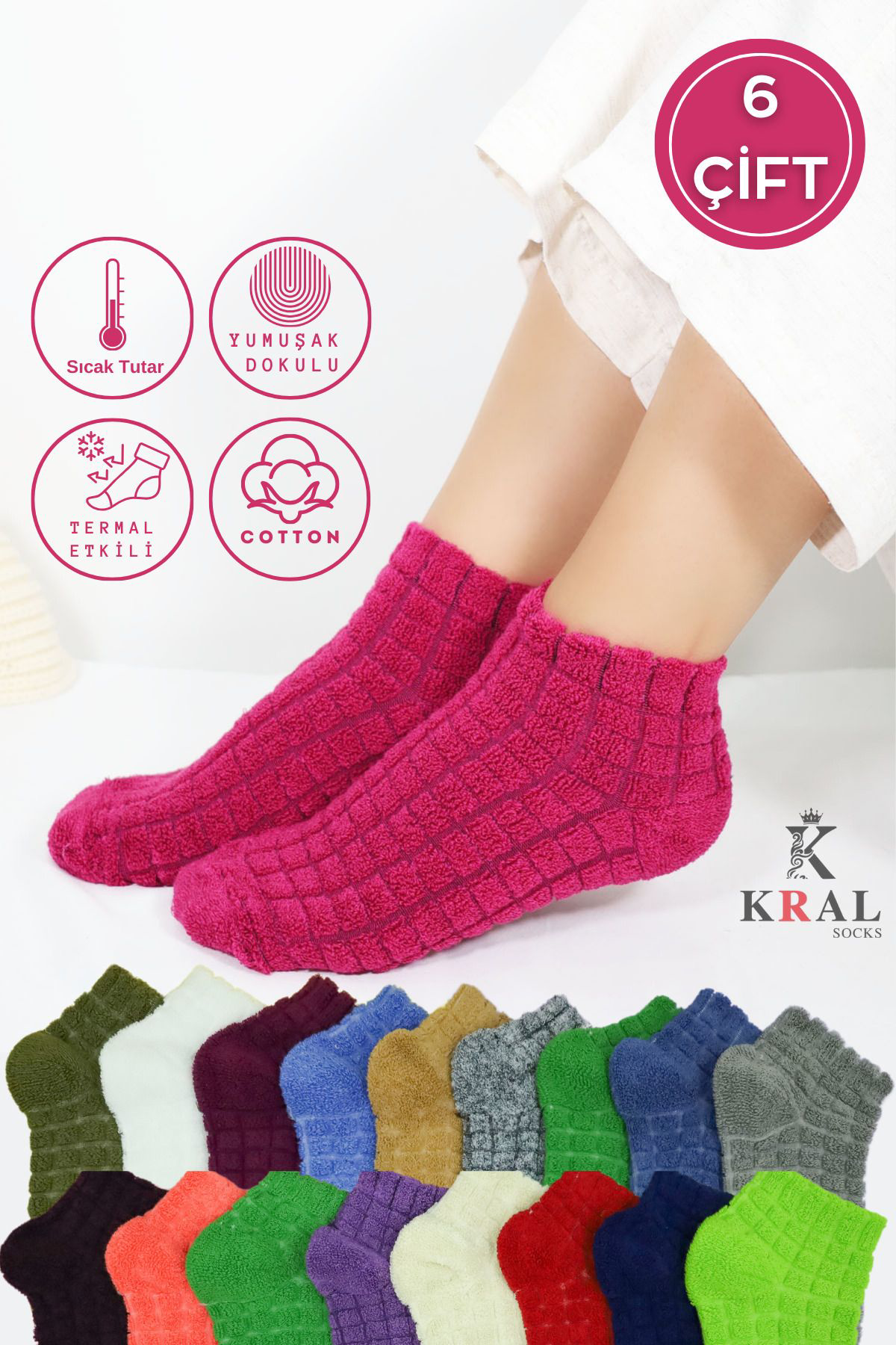 Kral Socks Kadın Patik Kabartma Kışlık Ters Havlu 6 Çift Karma Renk Kısa Çor