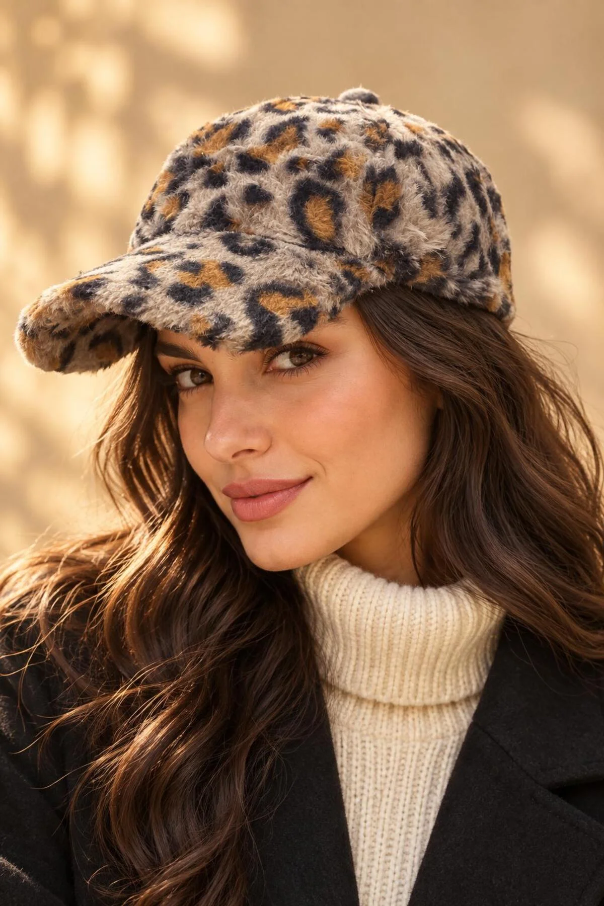 Kadın Peluş Leopar Desenli Ayarlanabilir Şapka, Yumuşak Kışlık Şapka, Leopar Desenli Şapka
