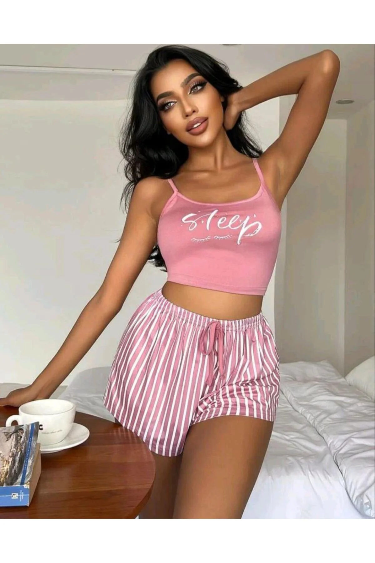 Kadın pembe çizgili desen Askılı Şortlu Pijama Takım 5002
