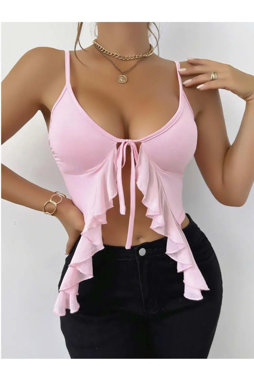 Kadın Pembe Crop Askılı Önden Bağlama Fırfır detaylı 5090