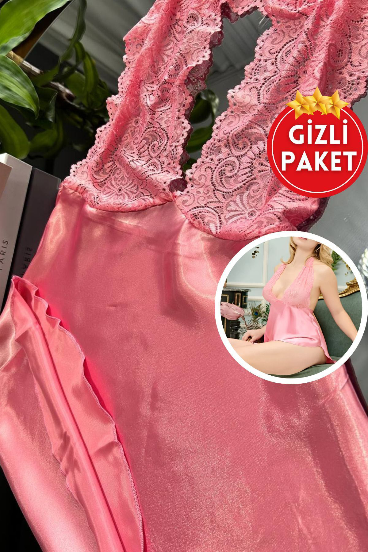 Kadın Pembe Dantel Detaylı Mini Saten Gecelik, Rahat Yumuşak Lüks Seksi Pembe Gecelik