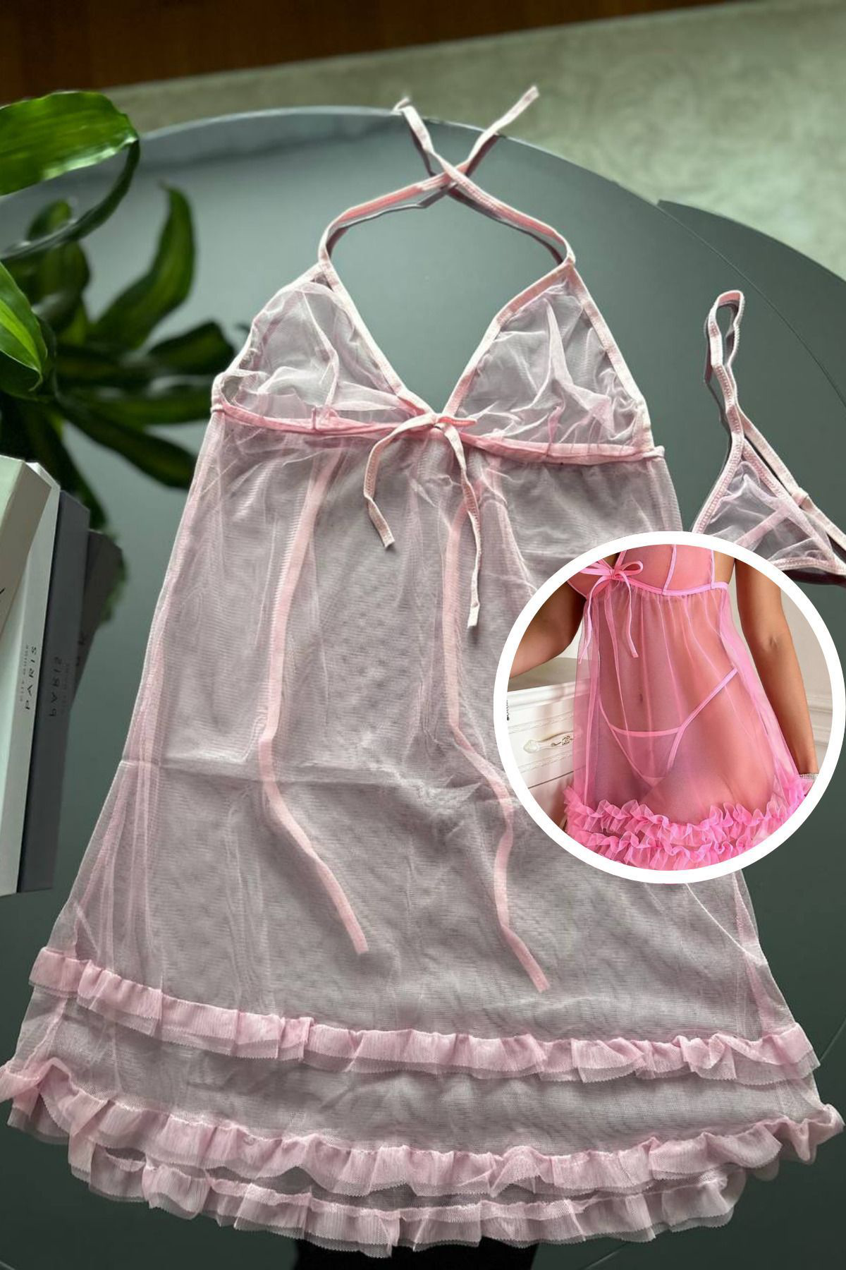 Kadın Pembe Dantel Detaylı Askılı Transparan Tül Gecelik Tanga Takımı Gecelik Takımı