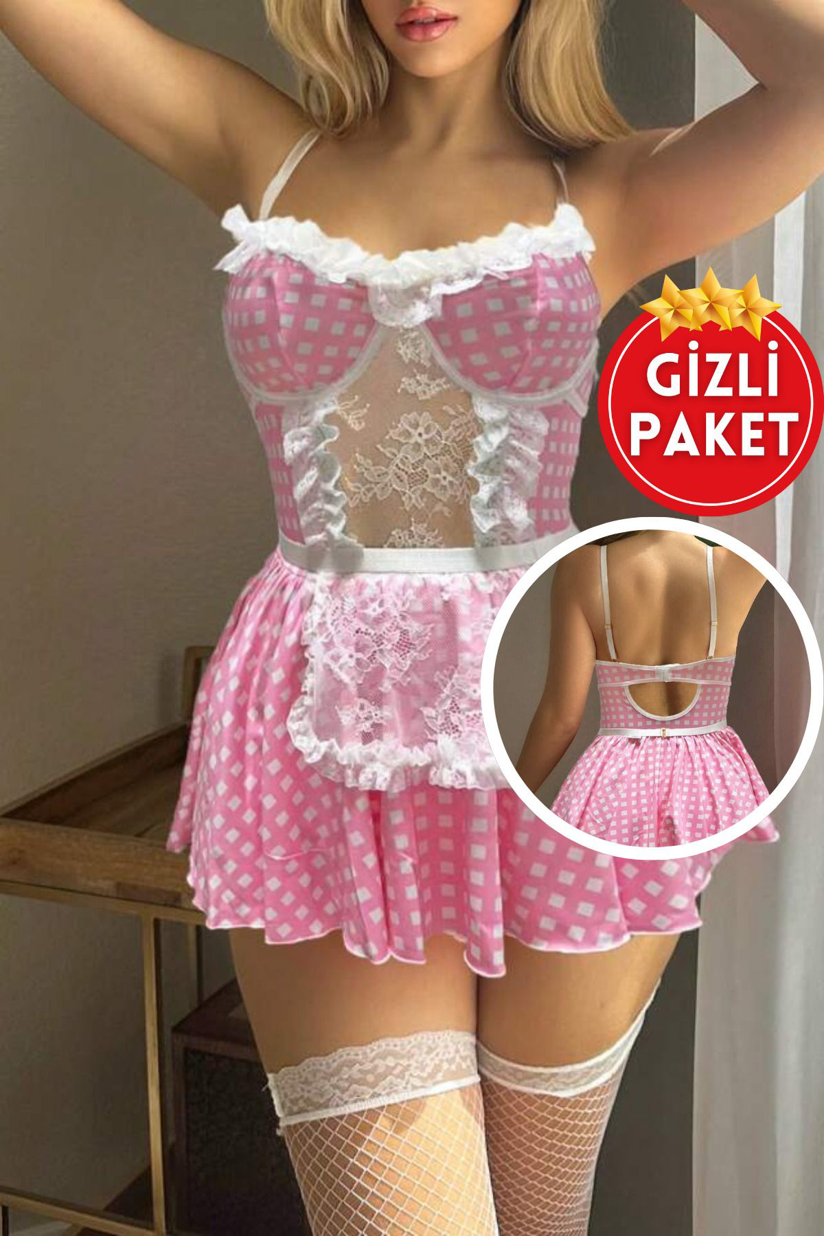 Kadın Pembe Ekose Desenli Fırfırlı Etekli Dekolteli Dantelli Seksi Prenses Hizmetçi Kostümü Kadın Pembe Ekose Desenli Fırfırlı Etekli Dekolteli Dantelli Seksi Prenses Hizmetçi Kostümü