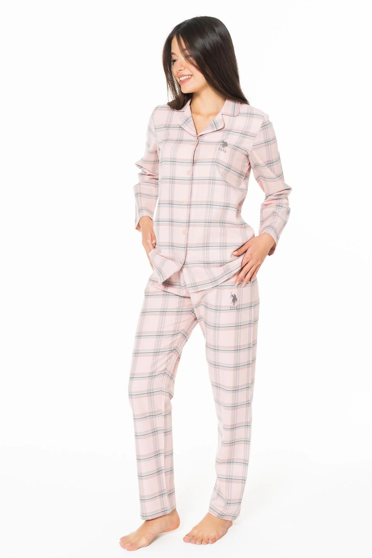 Kadın Pembe Ekoseli Gömlek Yakalı Pijama Takım-PEMBE-L