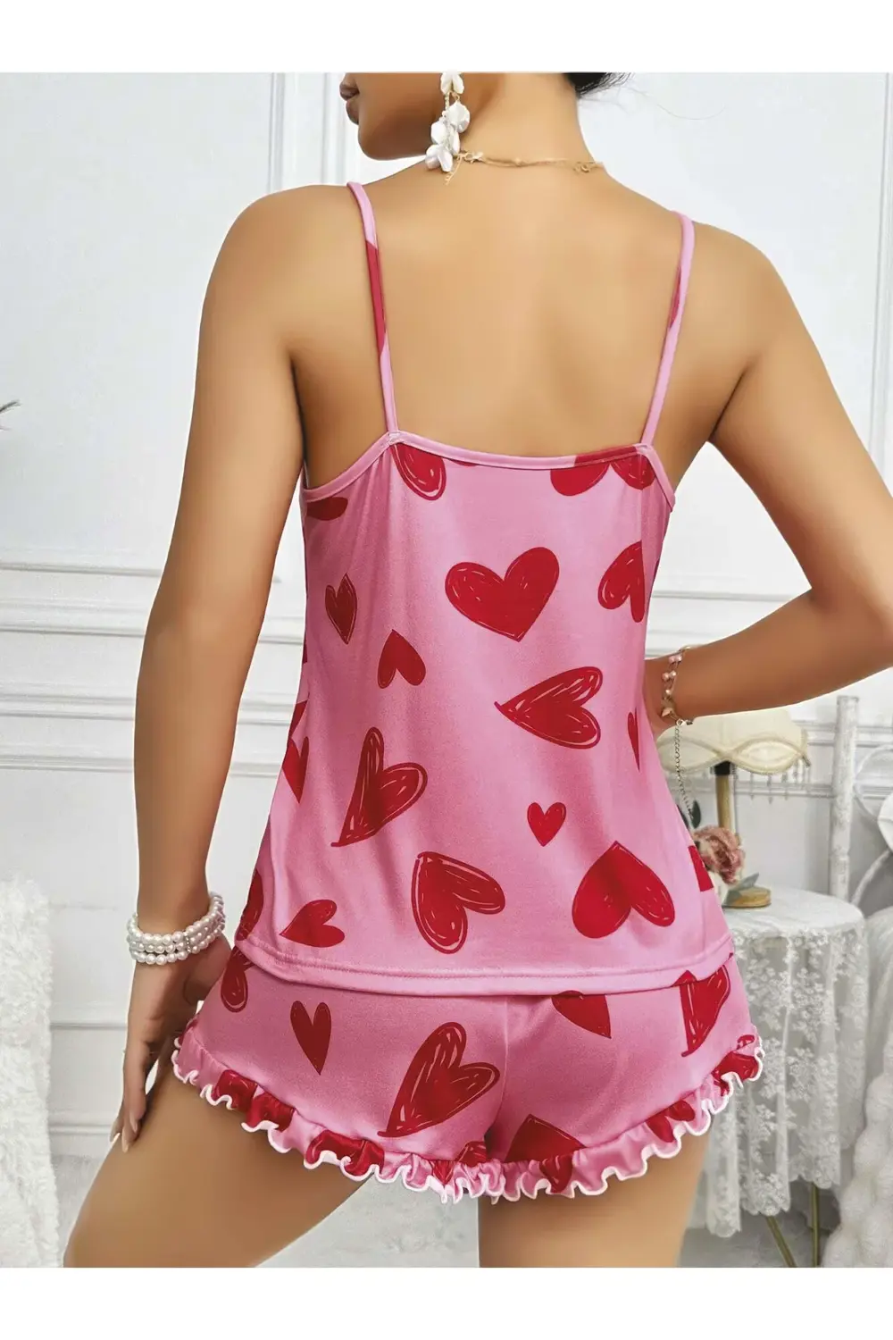 Kadın Pembe Kalp Baskılı Şortlu Gecelik Pijama Takımı 5050