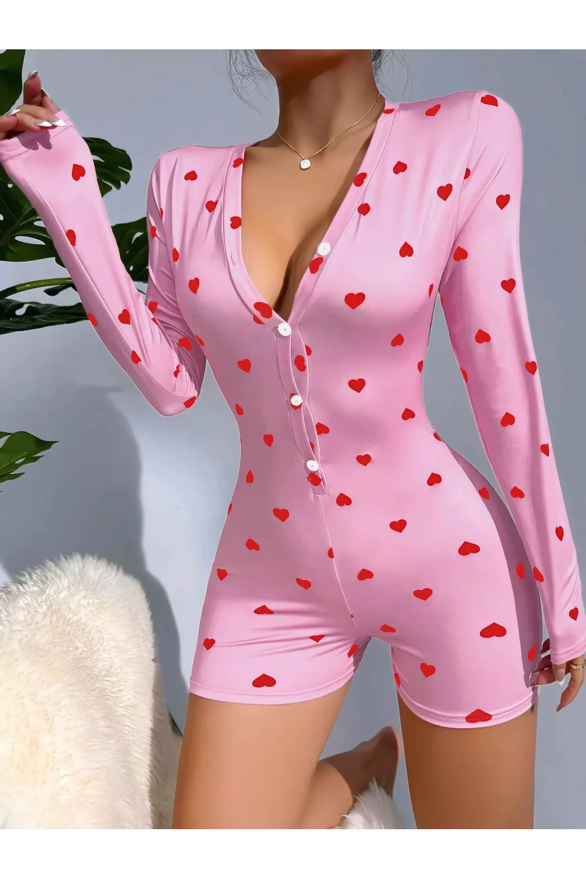 Kadın Pembe Kalp Desenli Pijama Tulumu 5121 Fiyatı, Yorumları ve Özellikleri