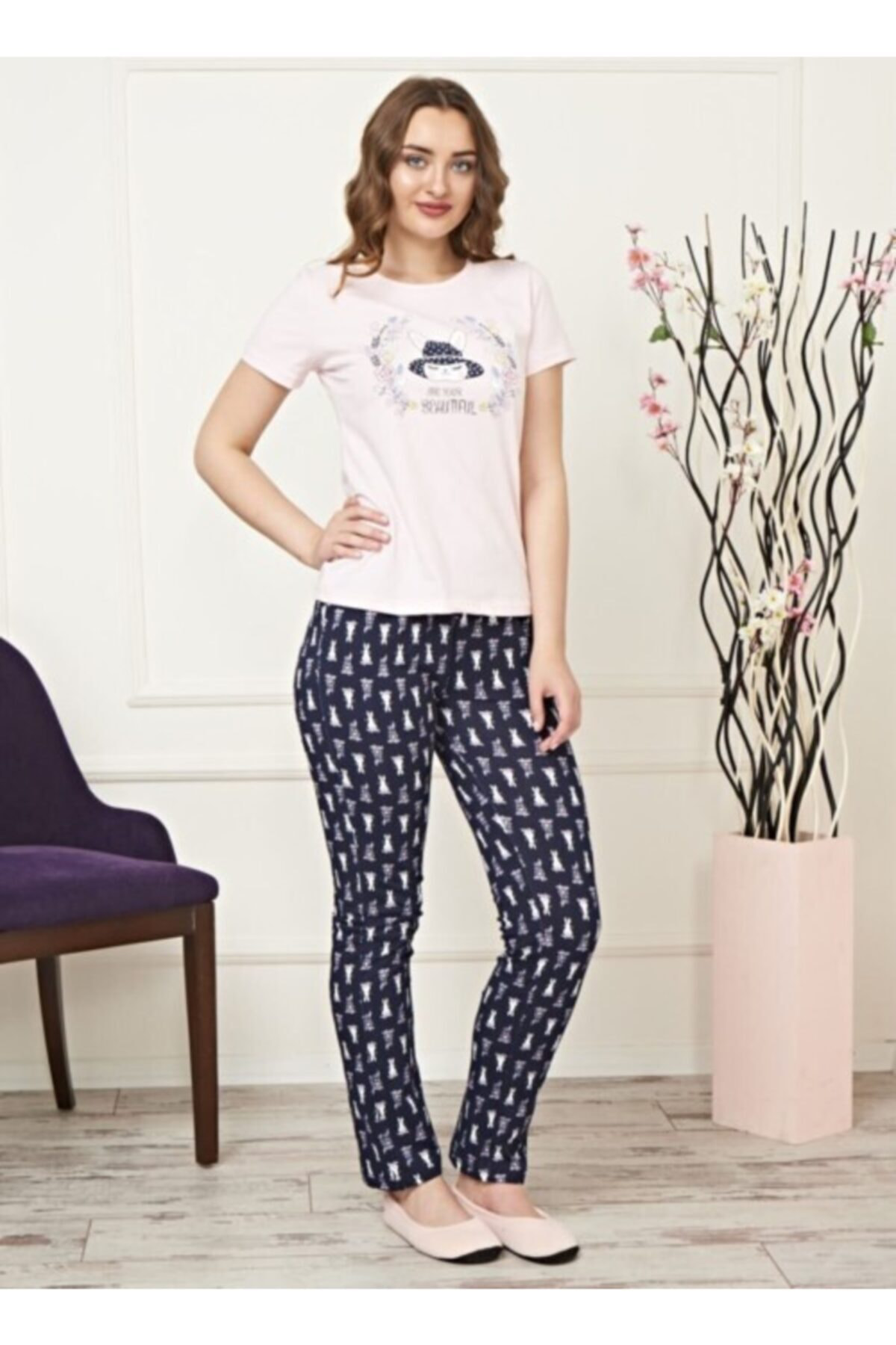 Alperi Kadın Pembe Lacivert Pijama Takımı