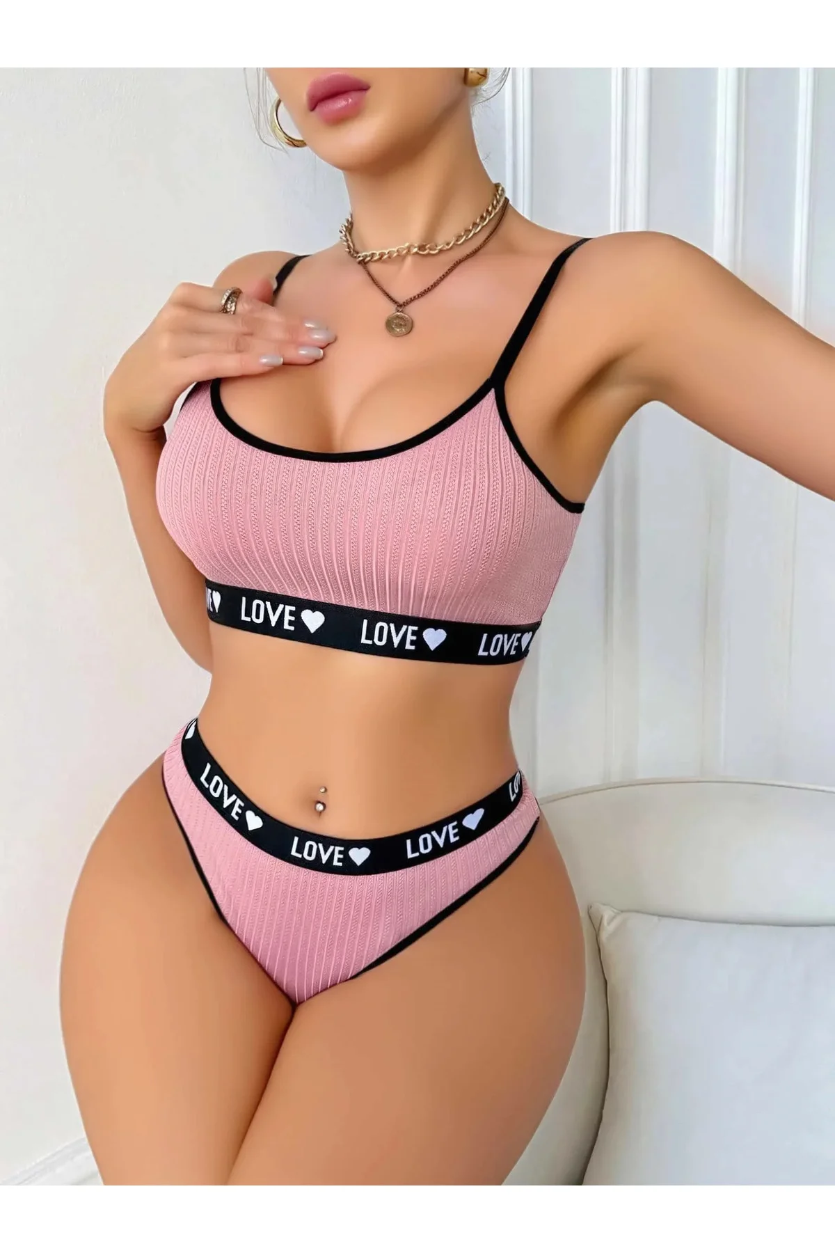 Kadın Pembe Love Yazılı Sütyen Kilot Takımı 5167