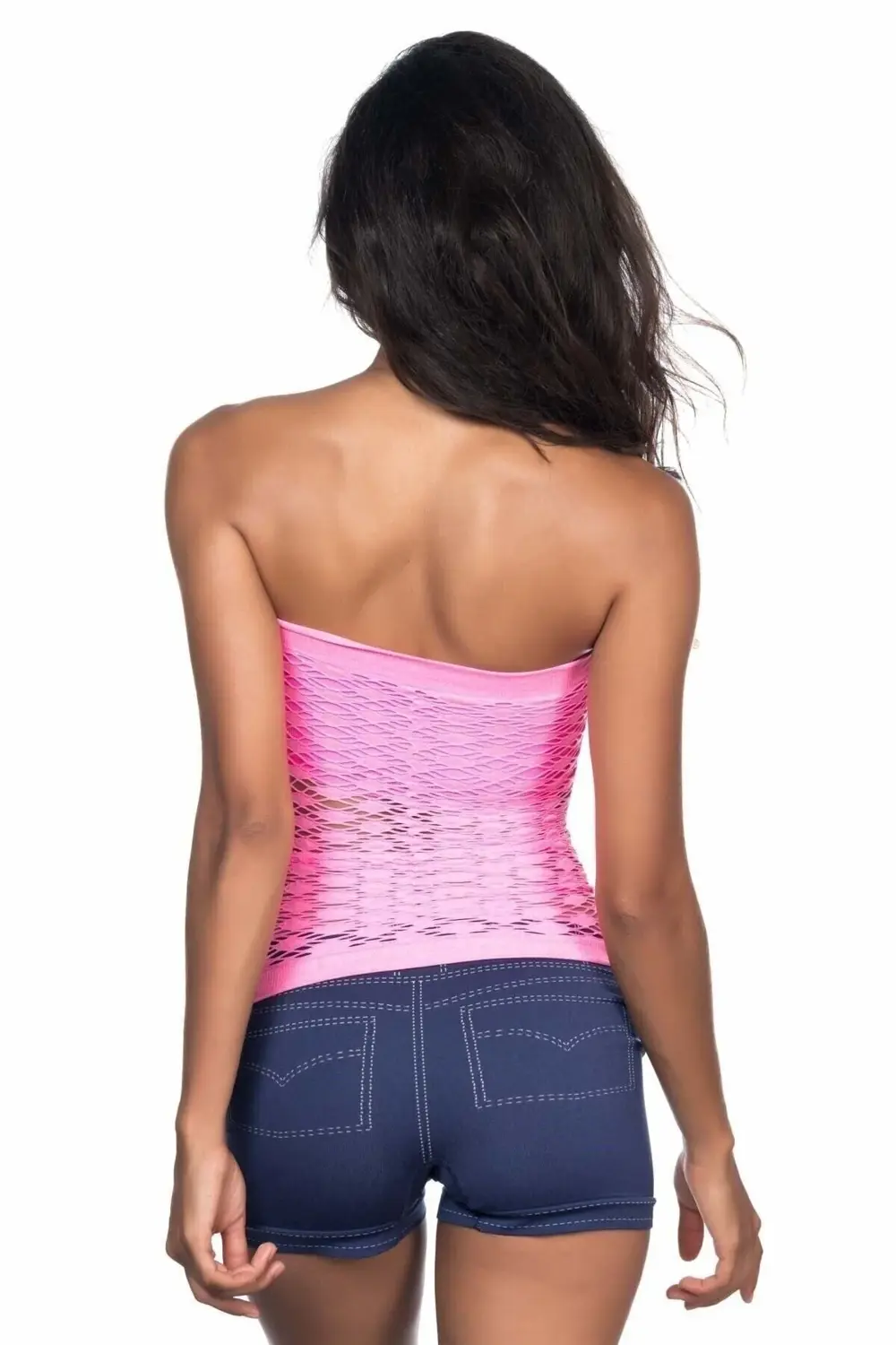 Kadın Pembe Seamless Straplez Fileli Dikişsiz Korse Büstiyer