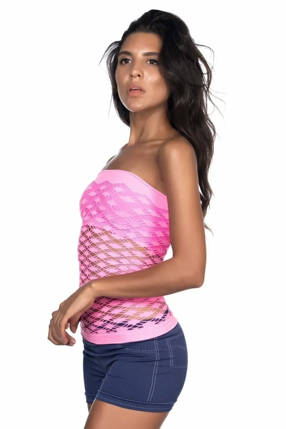 Kadın Pembe Seamless Straplez Fileli Dikişsiz Korse Büstiyer