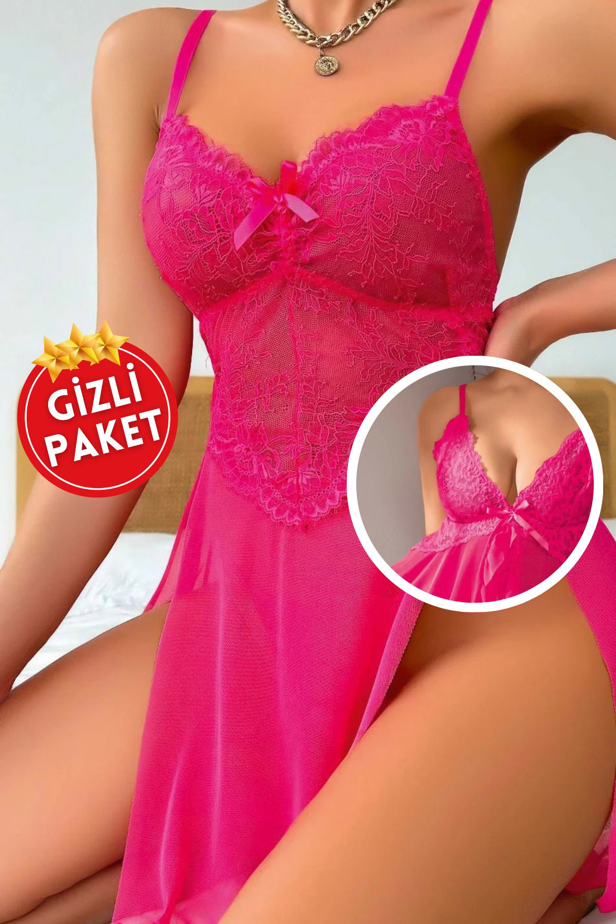 Kadın Pembe Seksi Dantel Fiyonk Detaylı Derin Göğüs Dekolteli Şık Babydoll Tül Gecelik ve Tanga